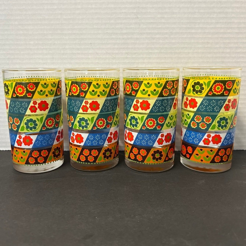 Vintage Libby Juice Glasses Set of 4 Multicolor Retro Floral MCM Tumblers